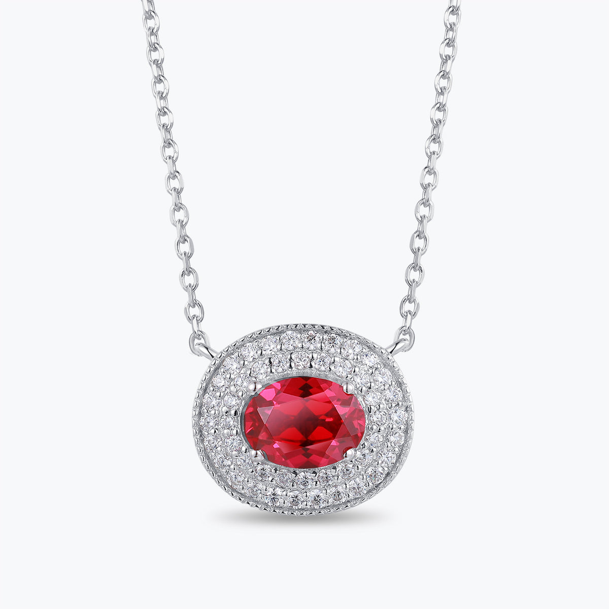 Dissoo® Ruby Oval Double Halo Sterling Silver Pendant Necklace