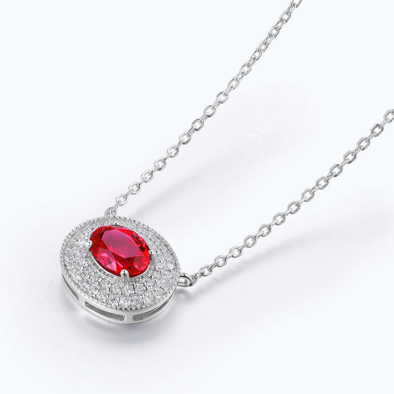 Dissoo® Ruby Oval Double Halo Sterling Silver Pendant Necklace