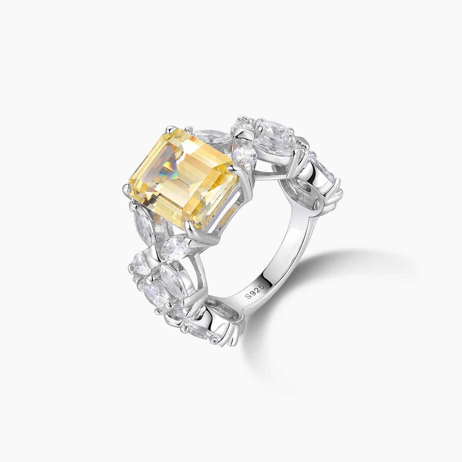 Artistic Emerald Cut Yellow Gemstone Leaf Cluster Ring