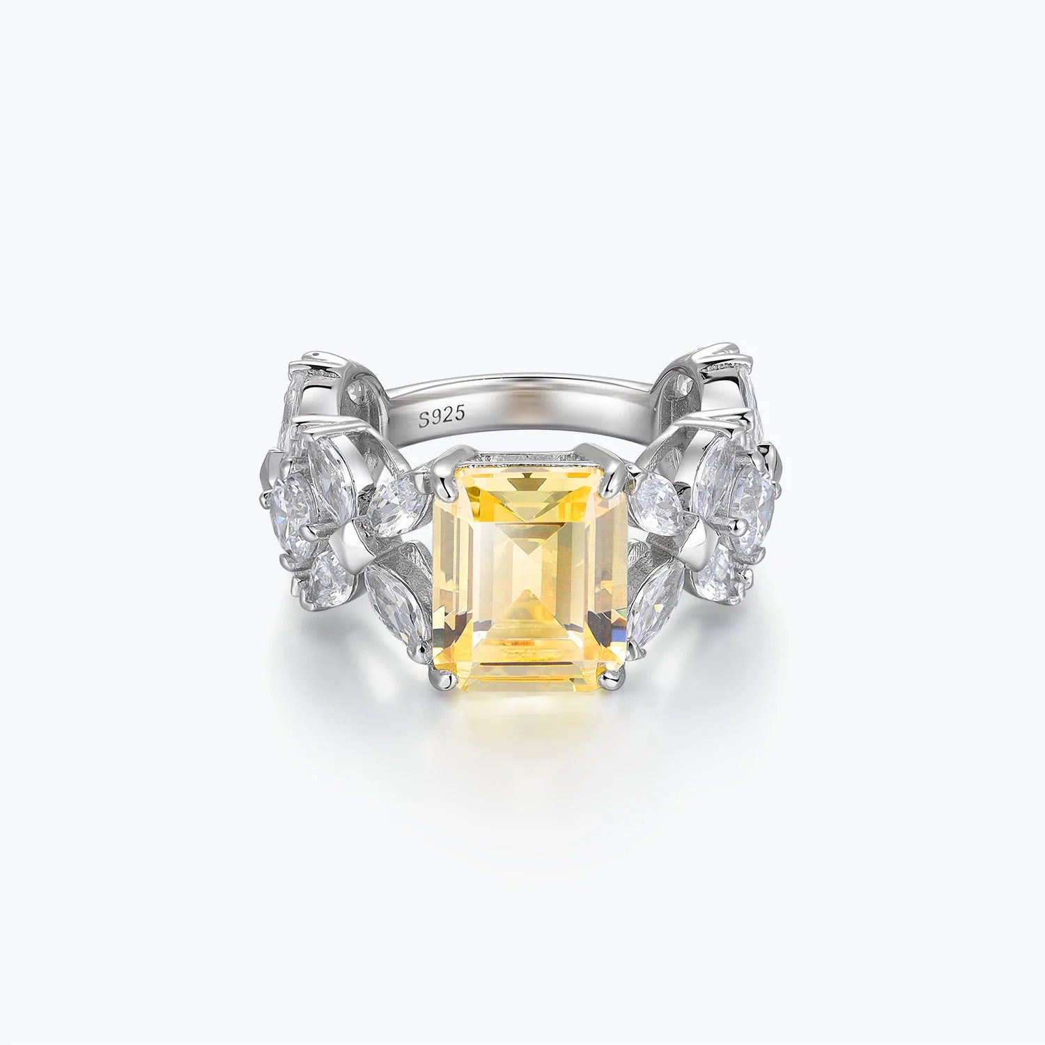 Artistic Emerald Cut Yellow Gemstone Leaf Cluster Ring