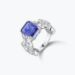 Dissoo® Emerald Cut Gemstone Leaf Trellis Cluster Royal Blue Cocktail Ring