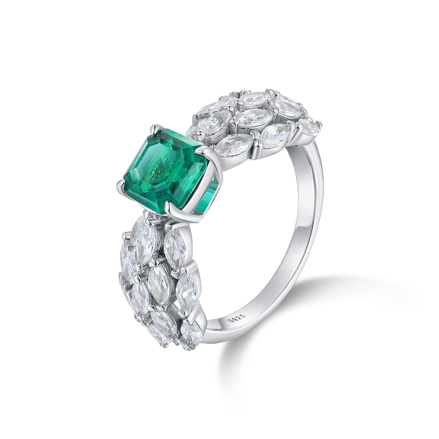 Bague de fiançailles et bague cocktail Dissoo® vert émeraude, taille coussin, sertie de diamants