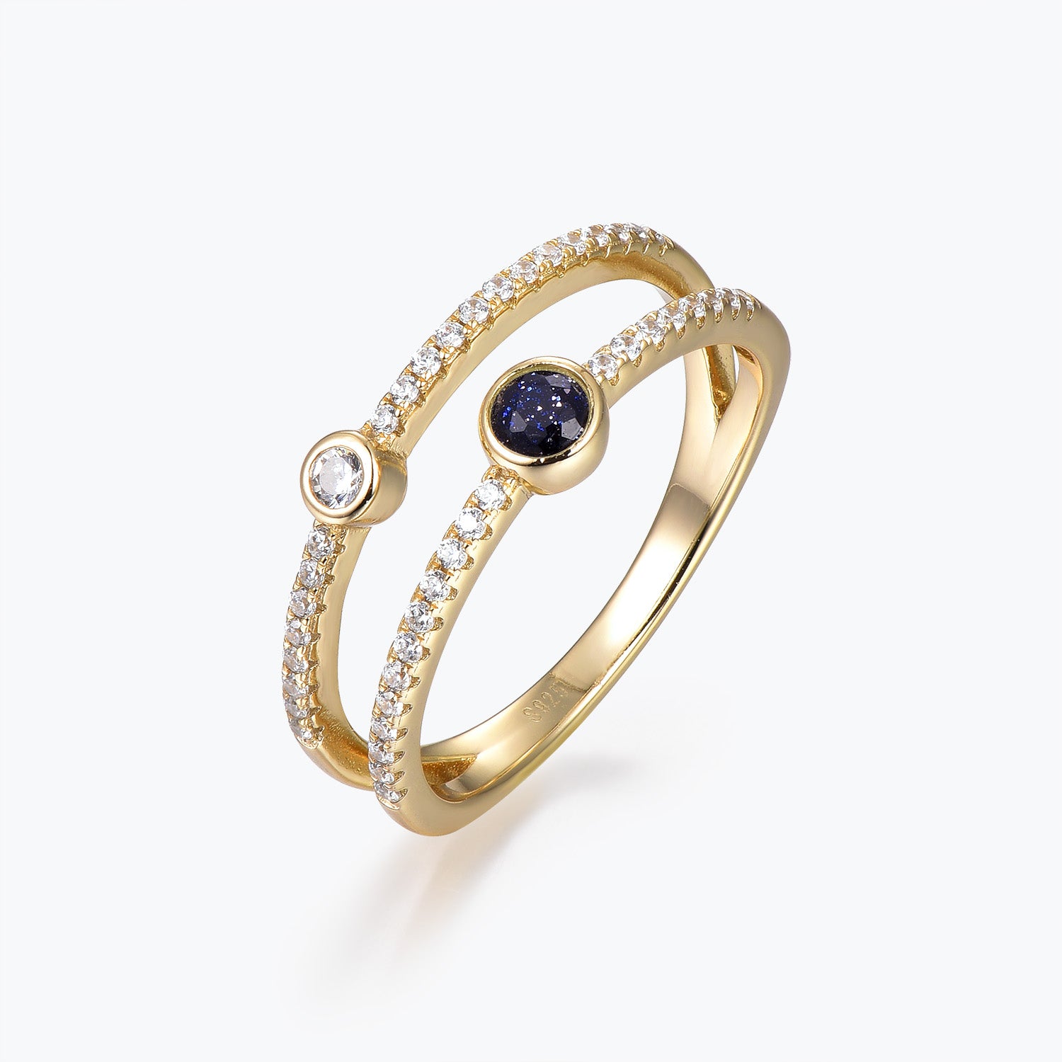 Dissoo® Round Bezel Pavé Split Shank Blue Goldstone Engagement Ring
