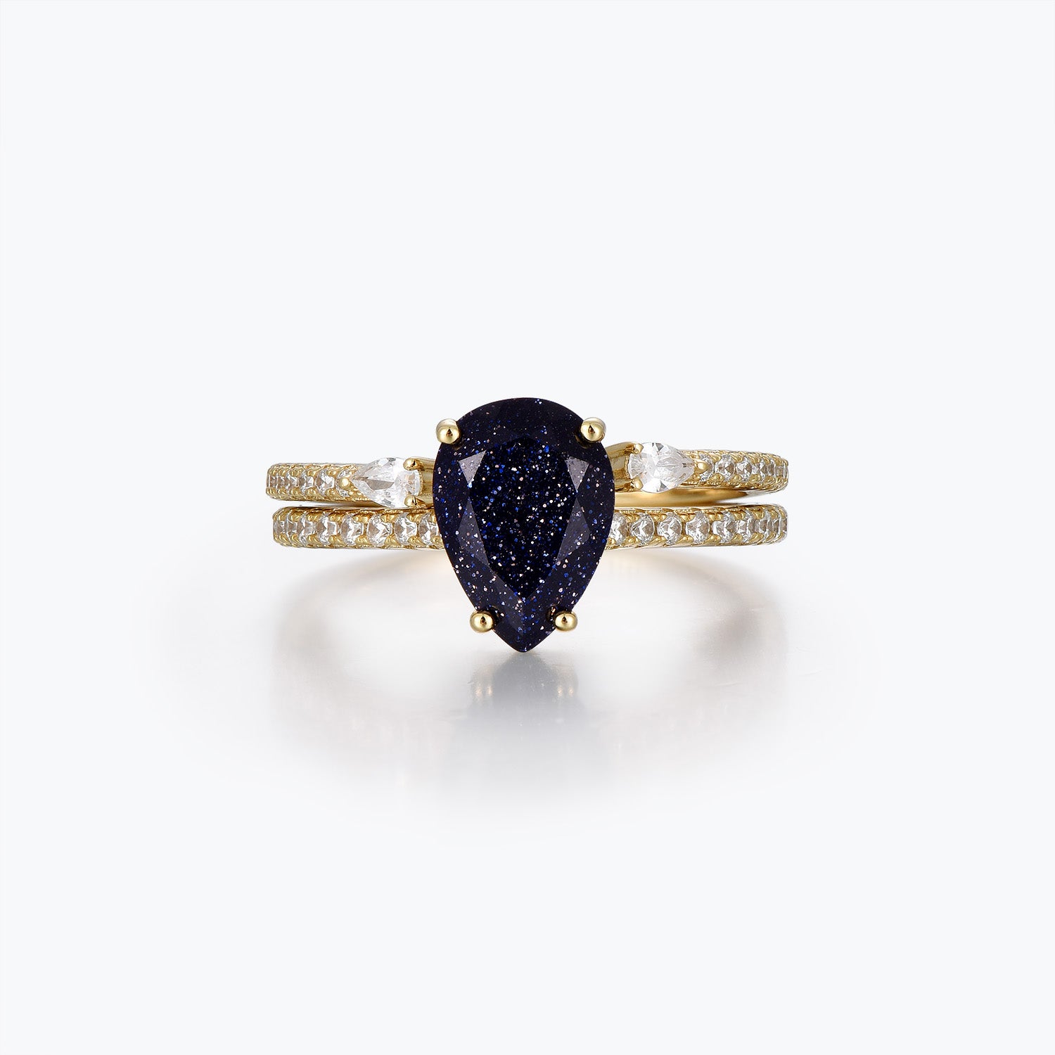 Pear Cut Eternity Stackable Blue Goldstone Bridal Set Ring
