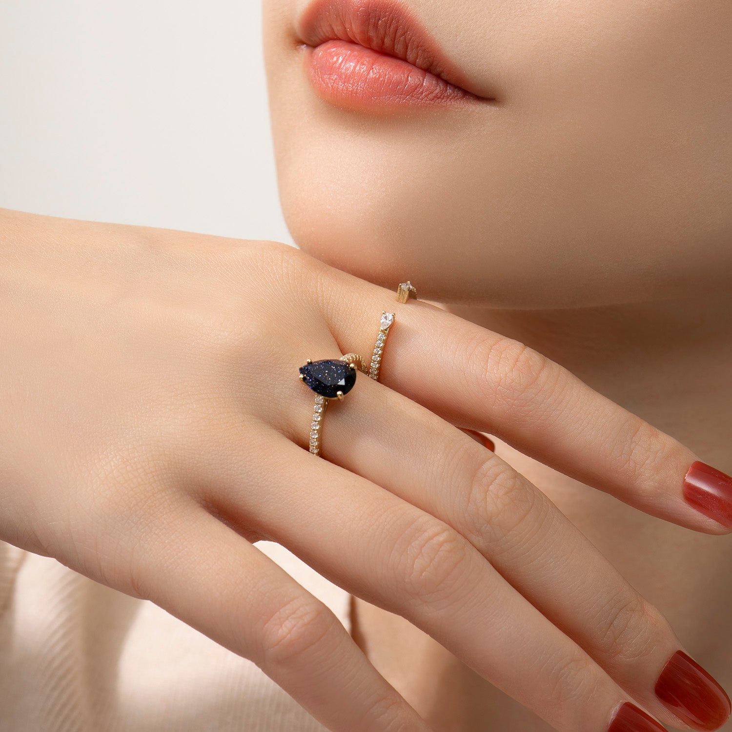 Pear Cut Eternity Stackable Blue Goldstone Bridal Set Ring