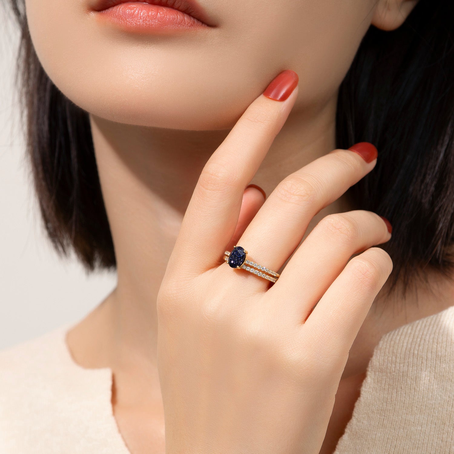 Dissoo® Ovaler blauer Goldstein-Brautring in Gold Vermeil