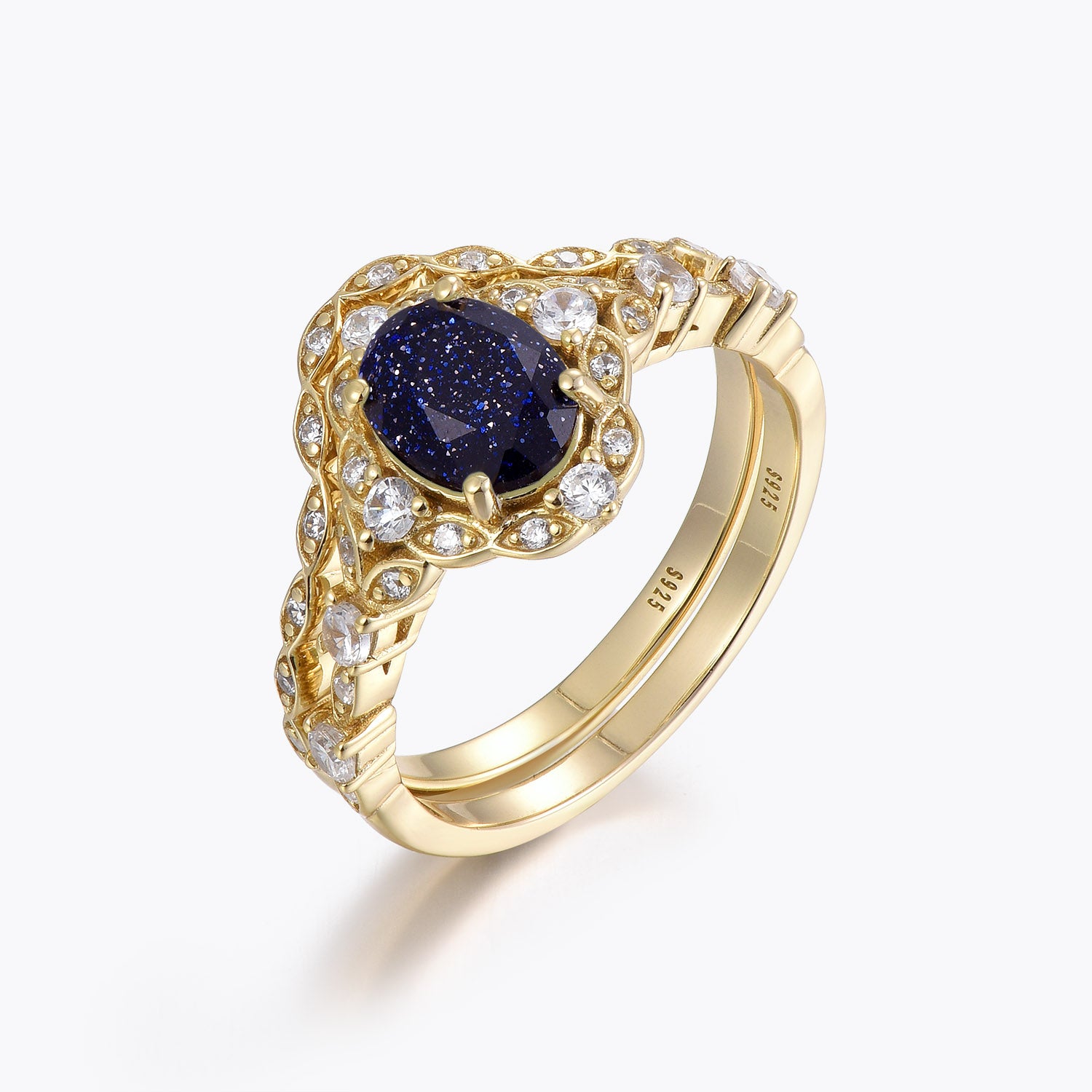 Timeless Oval Blue Goldstone Halo Bridal Set