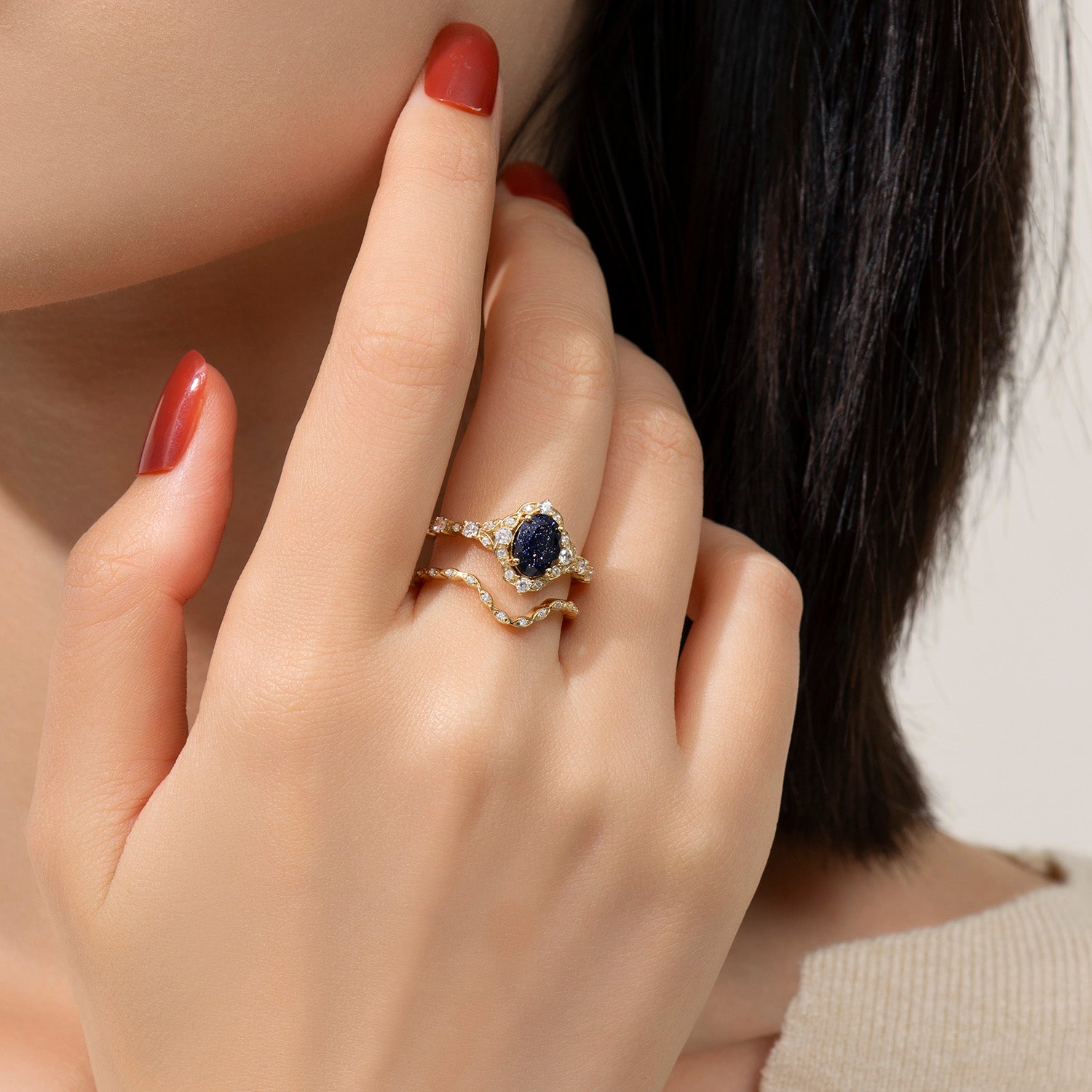 Timeless Oval Blue Goldstone Halo Bridal Set