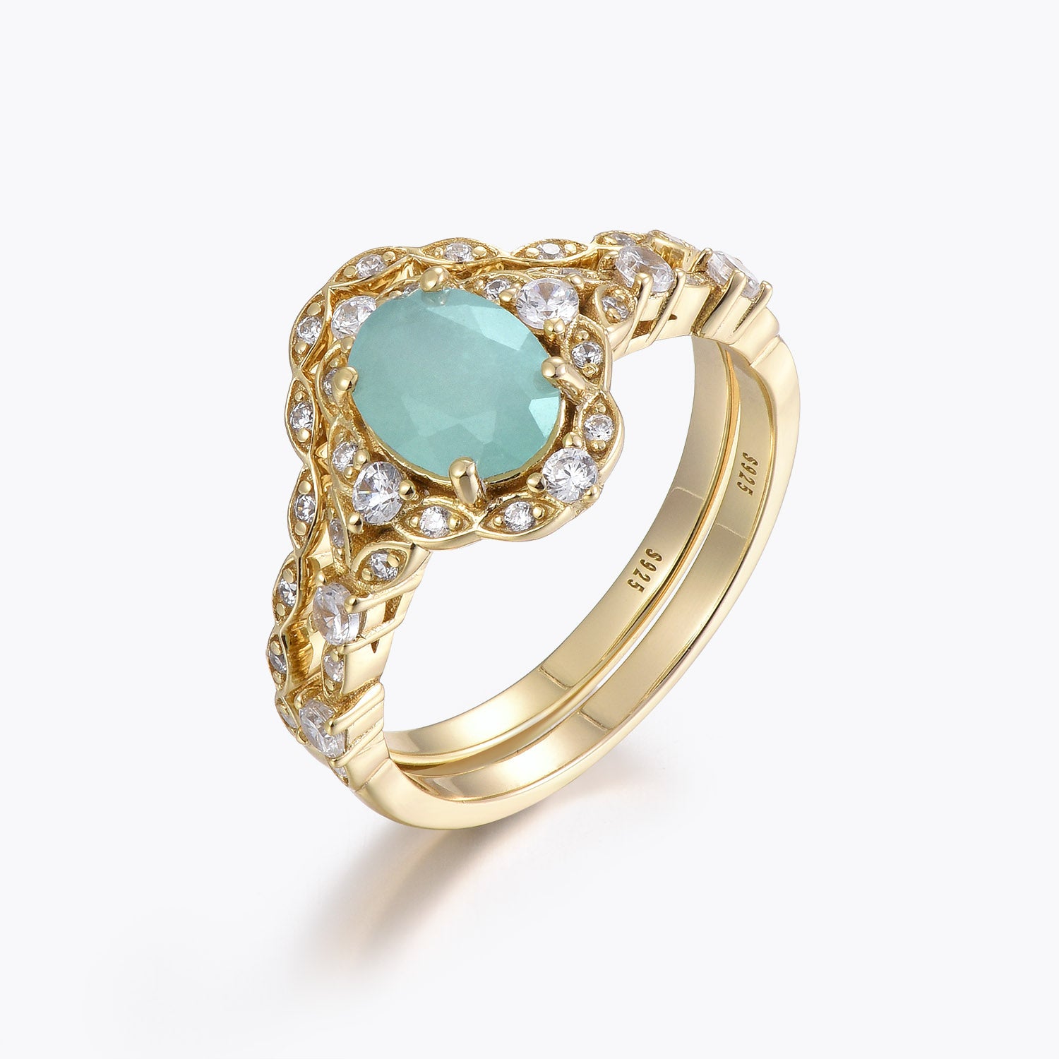 Dissoo® Ovales Halo-Brautset aus Amazonit mit gebogenem Versailles-Moissanit-Ring