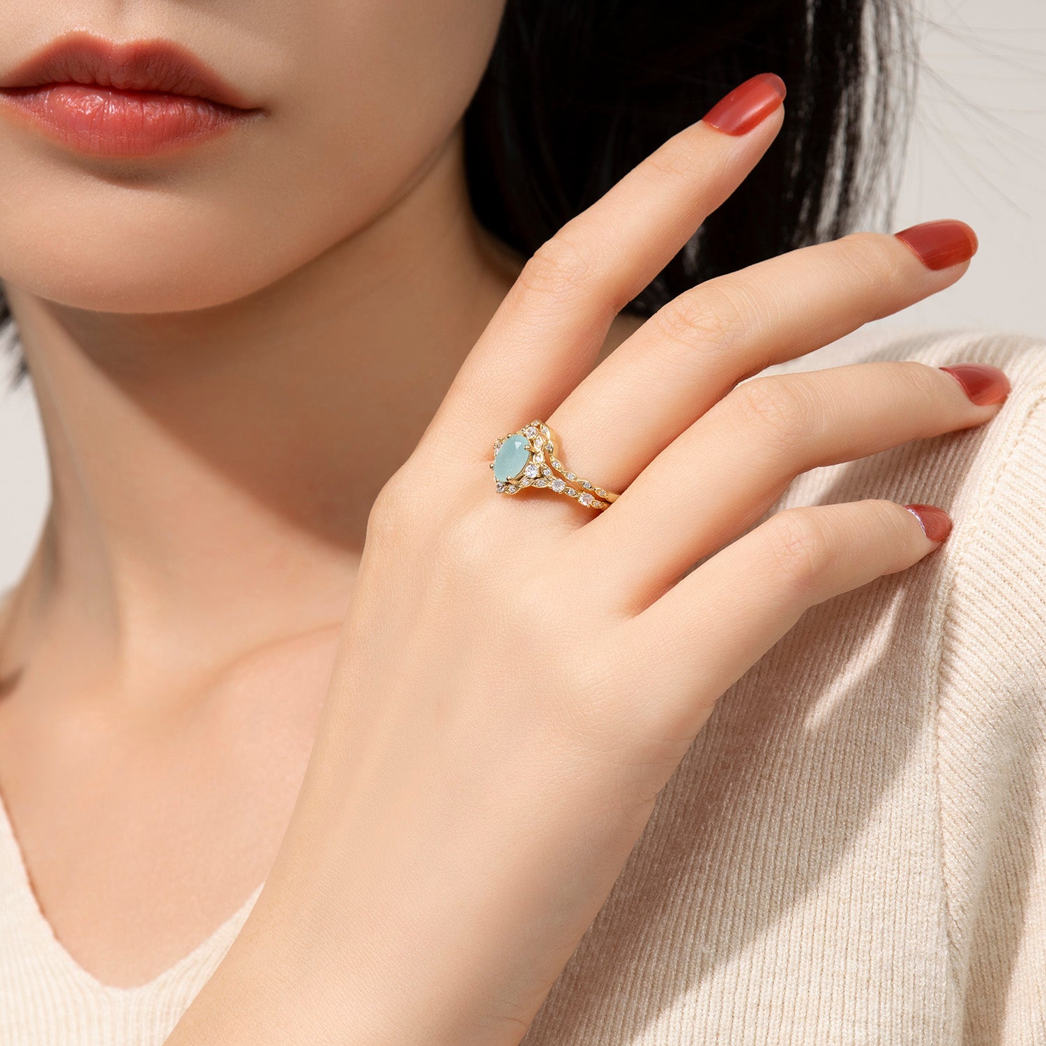 Dissoo® Ovales Halo-Brautset aus Amazonit mit gebogenem Versailles-Moissanit-Ring