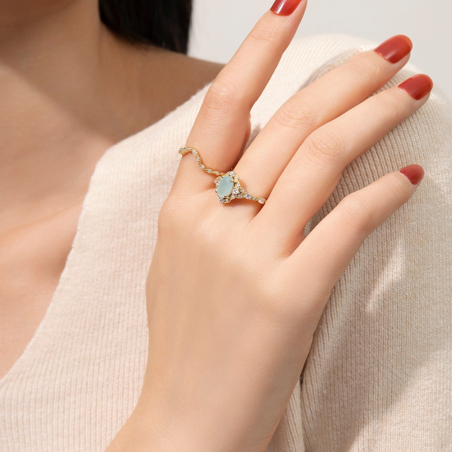 Dissoo® Ovales Halo-Brautset aus Amazonit mit gebogenem Versailles-Moissanit-Ring