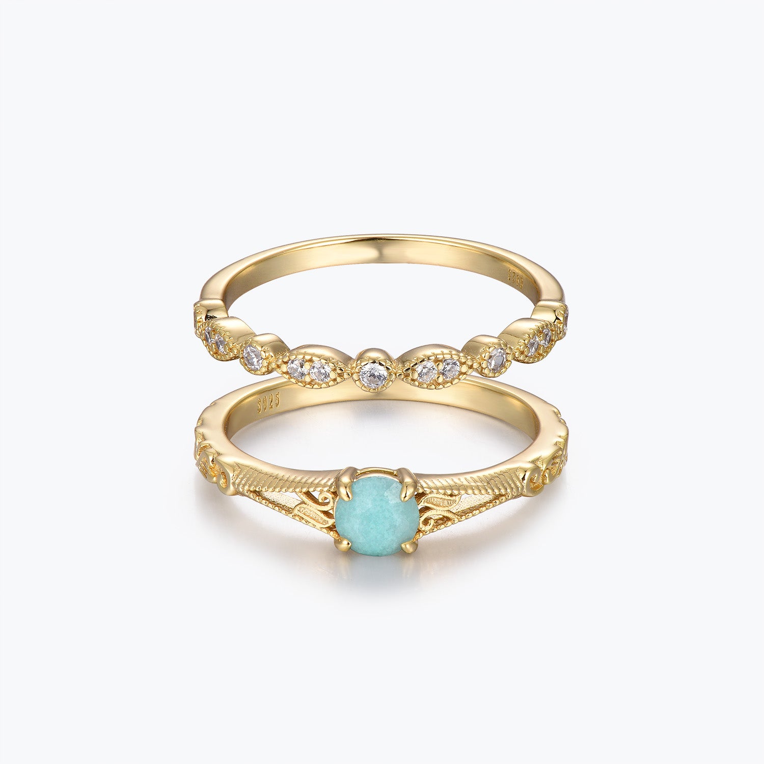 Engraved Pattern Round Cut Amazonite Bridal Set