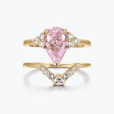 Dissoo® Pink Floral Pear Cut Gold Ring Set with Curved Stacked Ring