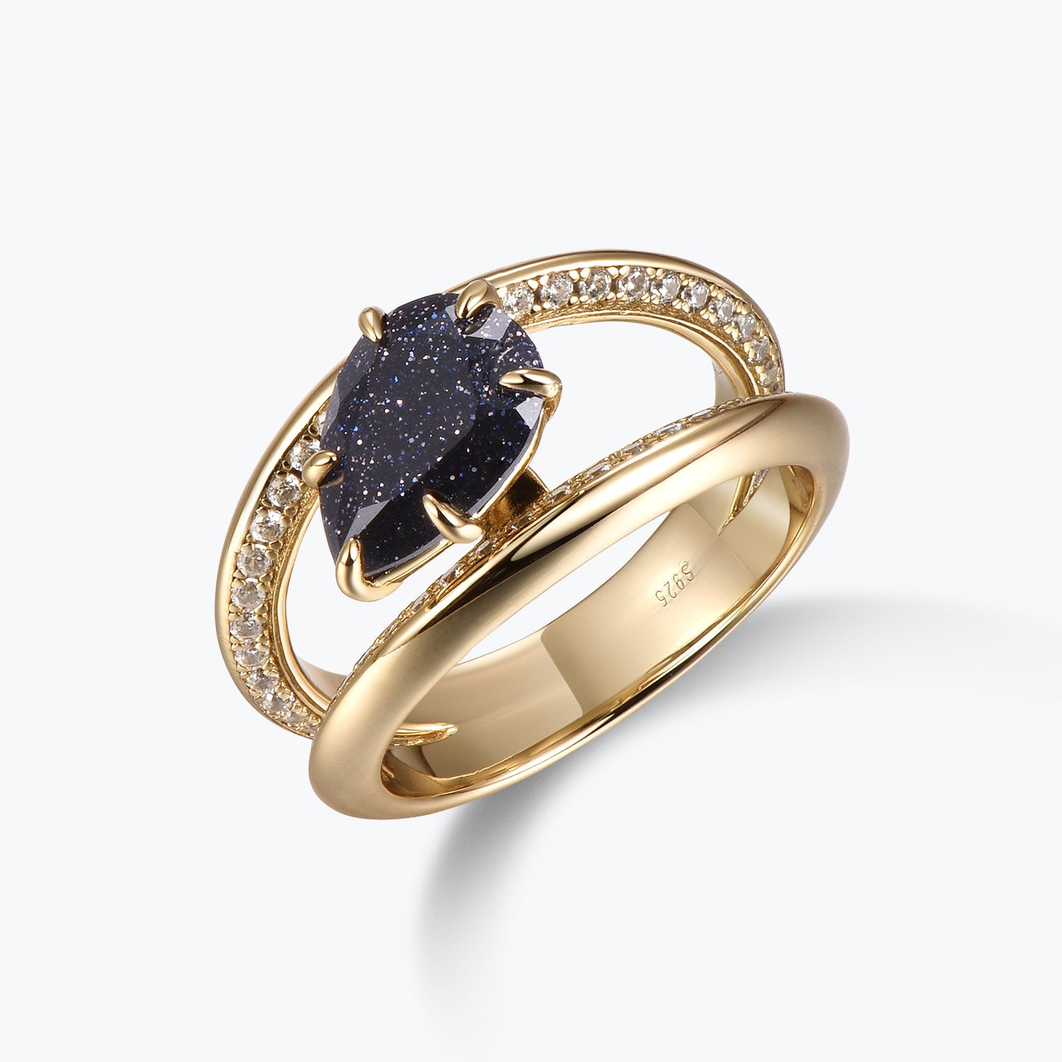 Dissoo® Pear Split-Shank Gold Blue Goldstone Engagement ring