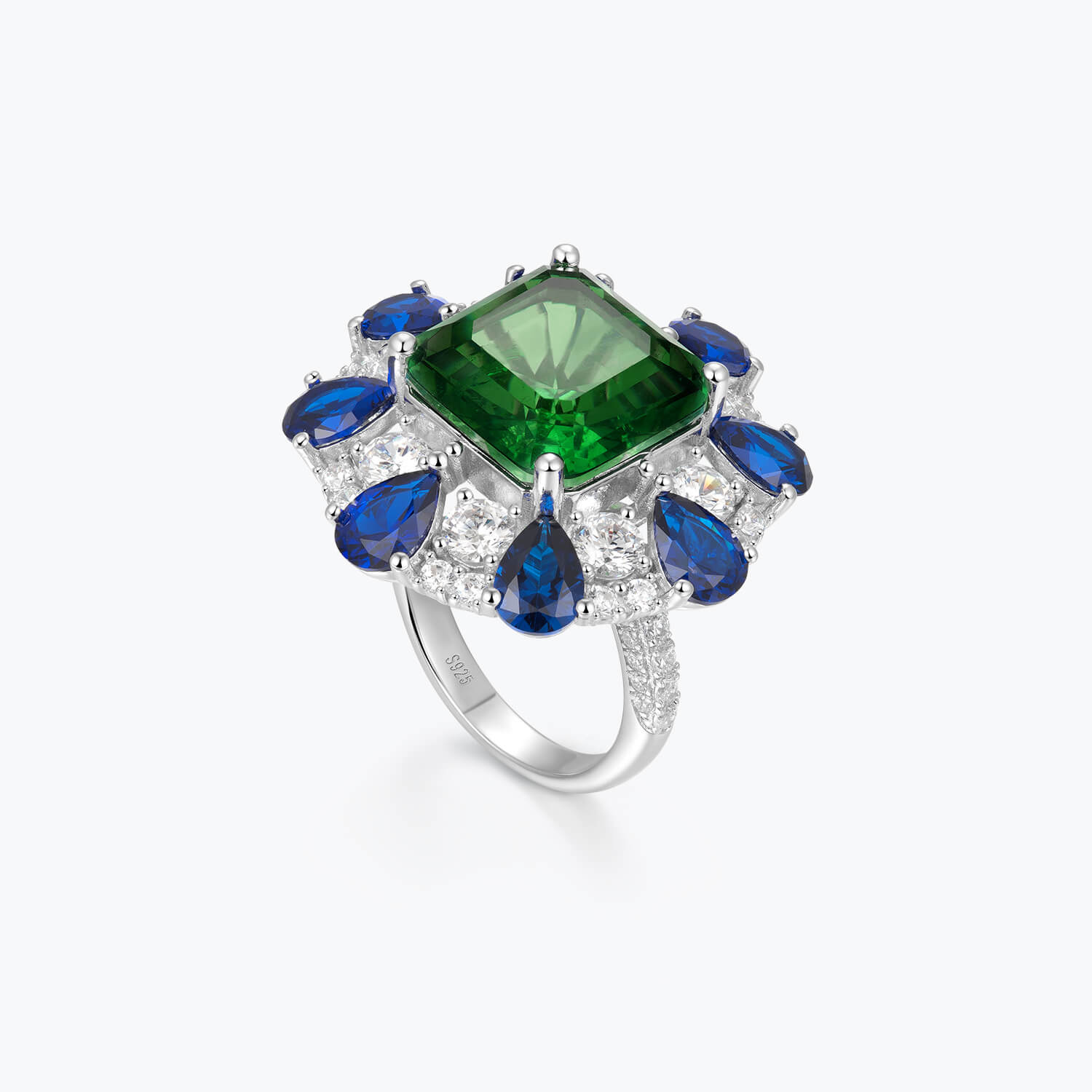 Asscher Cut Emerald Green Evening Ring with Blue&White Floral Cluster - dissoojewelry