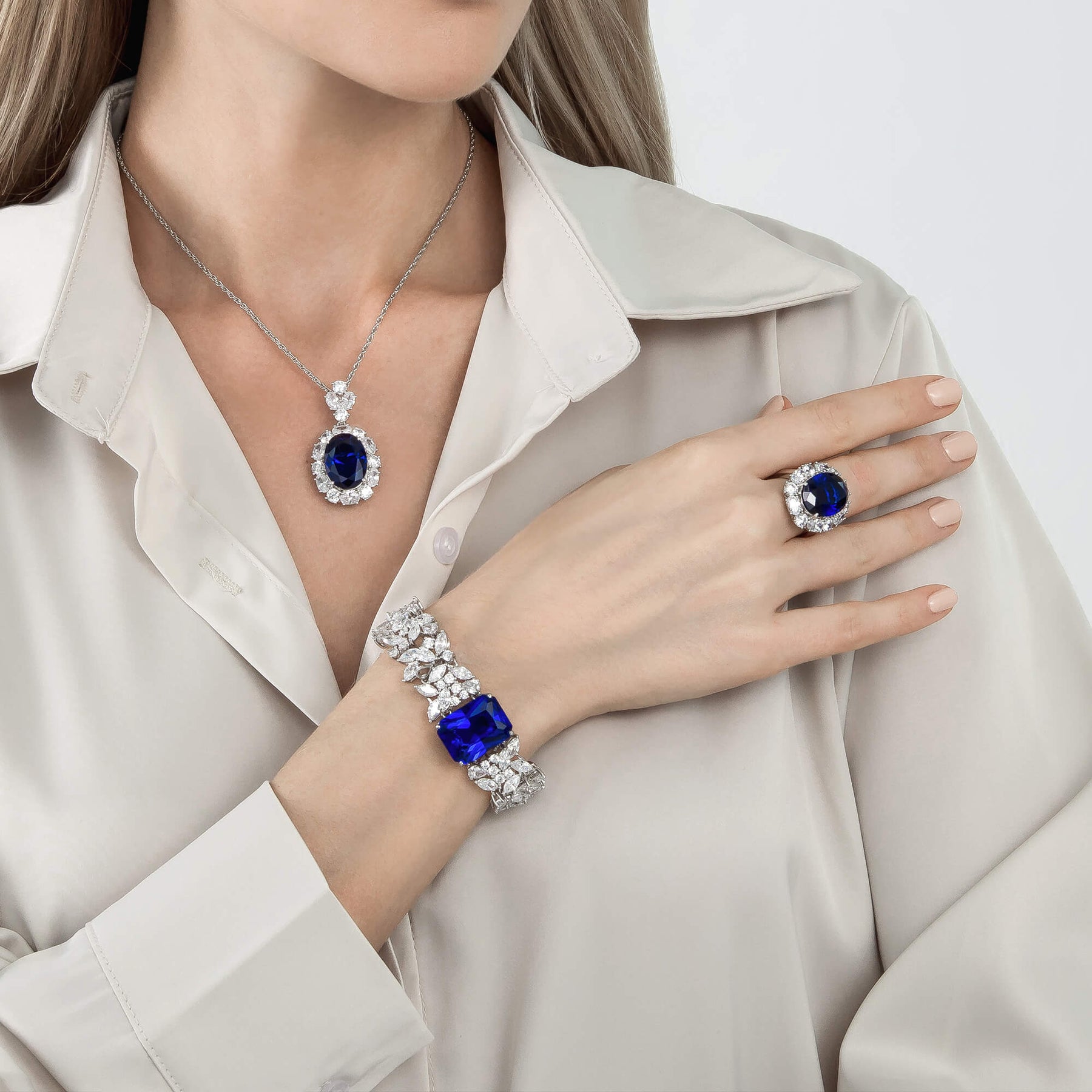 Royal Blue & White Halo Cluster Necklace&Pendants - dissoojewelry