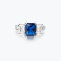 Sapphire Blue Emerald Cut 3-Stone Ring - dissoojewelry