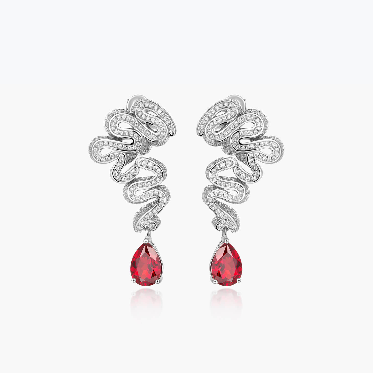 Snake Drop Sterling Silver Earrings with Water-shaped Ruby - dissoojewelry