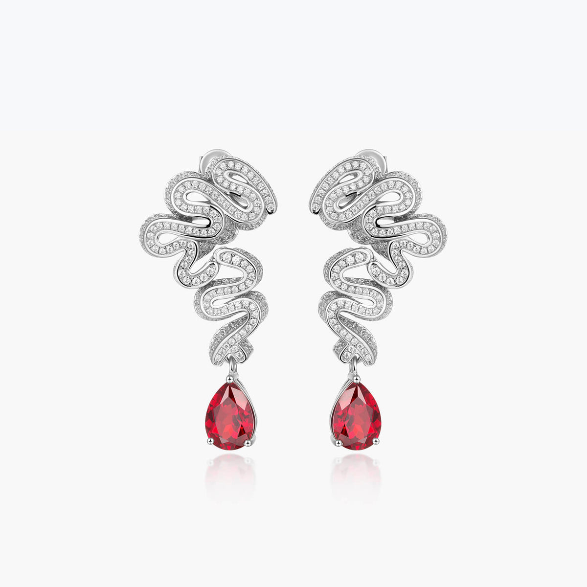 Snake Drop Sterling Silver Earrings with Water-shaped Ruby - dissoojewelry