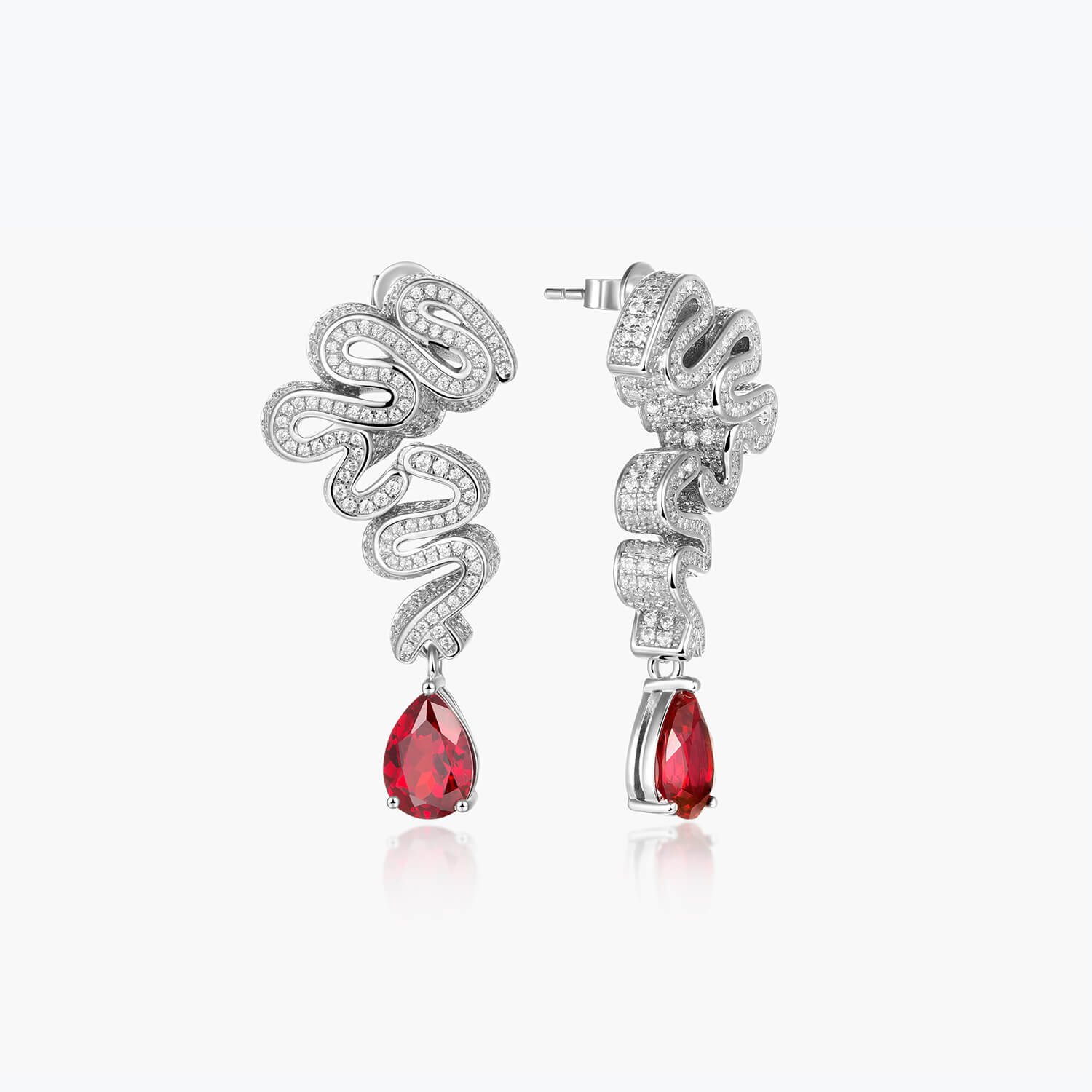 Snake Drop Sterling Silver Earrings with Water-shaped Ruby - dissoojewelry