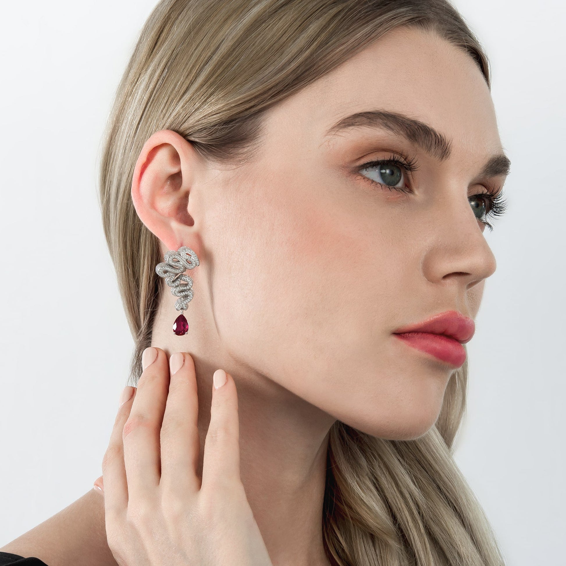 Snake Drop Sterling Silver Earrings with Water-shaped Ruby - dissoojewelry