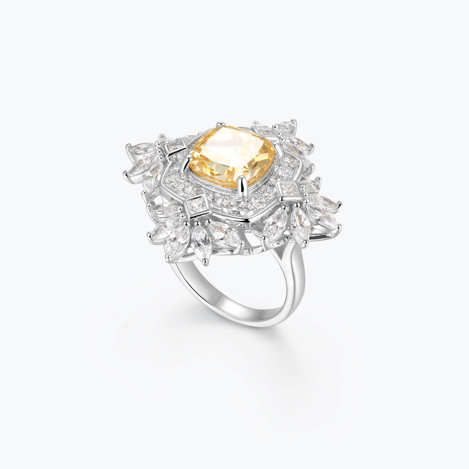 Yellow Cushion Cut Gemstone & White Cluster Wreath Ring - dissoojewelry