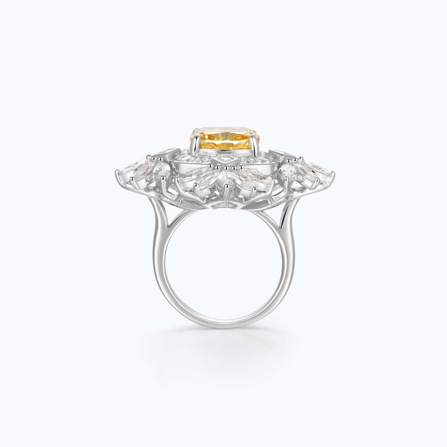 Yellow Cushion Cut Gemstone & White Cluster Wreath Ring - dissoojewelry